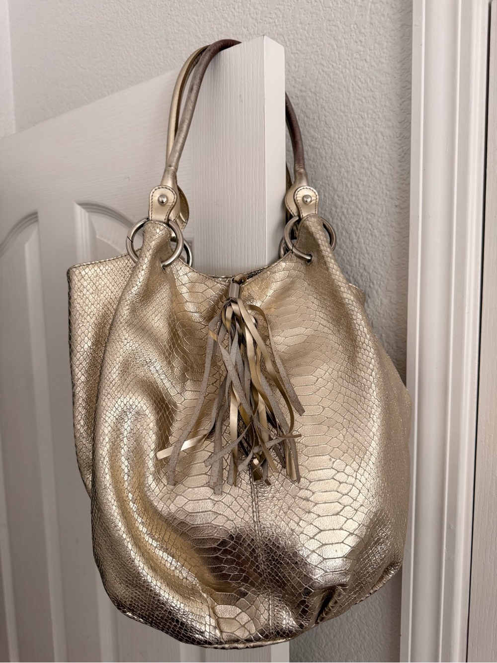 Metallic Gold Snake-Embossed Hobo with Tassel Detail
